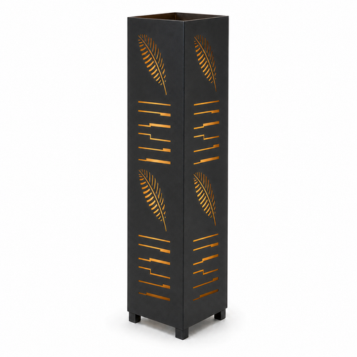 Design 146 black laser cut metal garden light tower with warm LED glow on white background