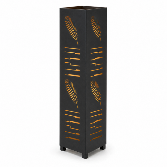 Design 146 black laser cut metal garden light tower with warm LED glow on white background