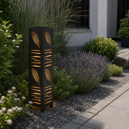 Design 146 laser cut garden light pillar installed in landscaped patio during daytime