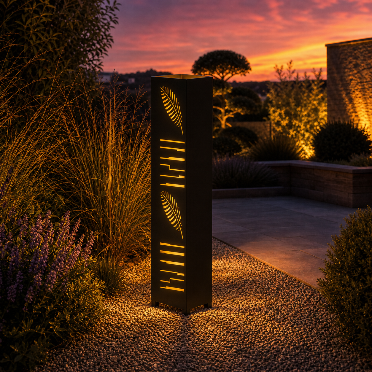 Design 146 outdoor decorative LED light column glowing at dusk in garden setting
