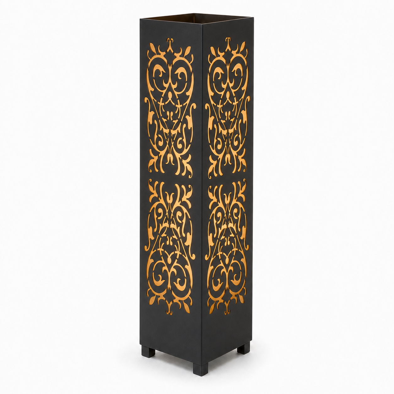 Design 147 black laser cut metal garden light tower with warm LED glow on white background