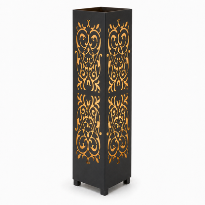 Design 147 black laser cut metal garden light tower with warm LED glow on white background