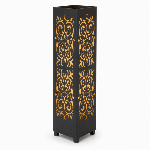 Design 147 black laser cut metal garden light tower with warm LED glow on white background