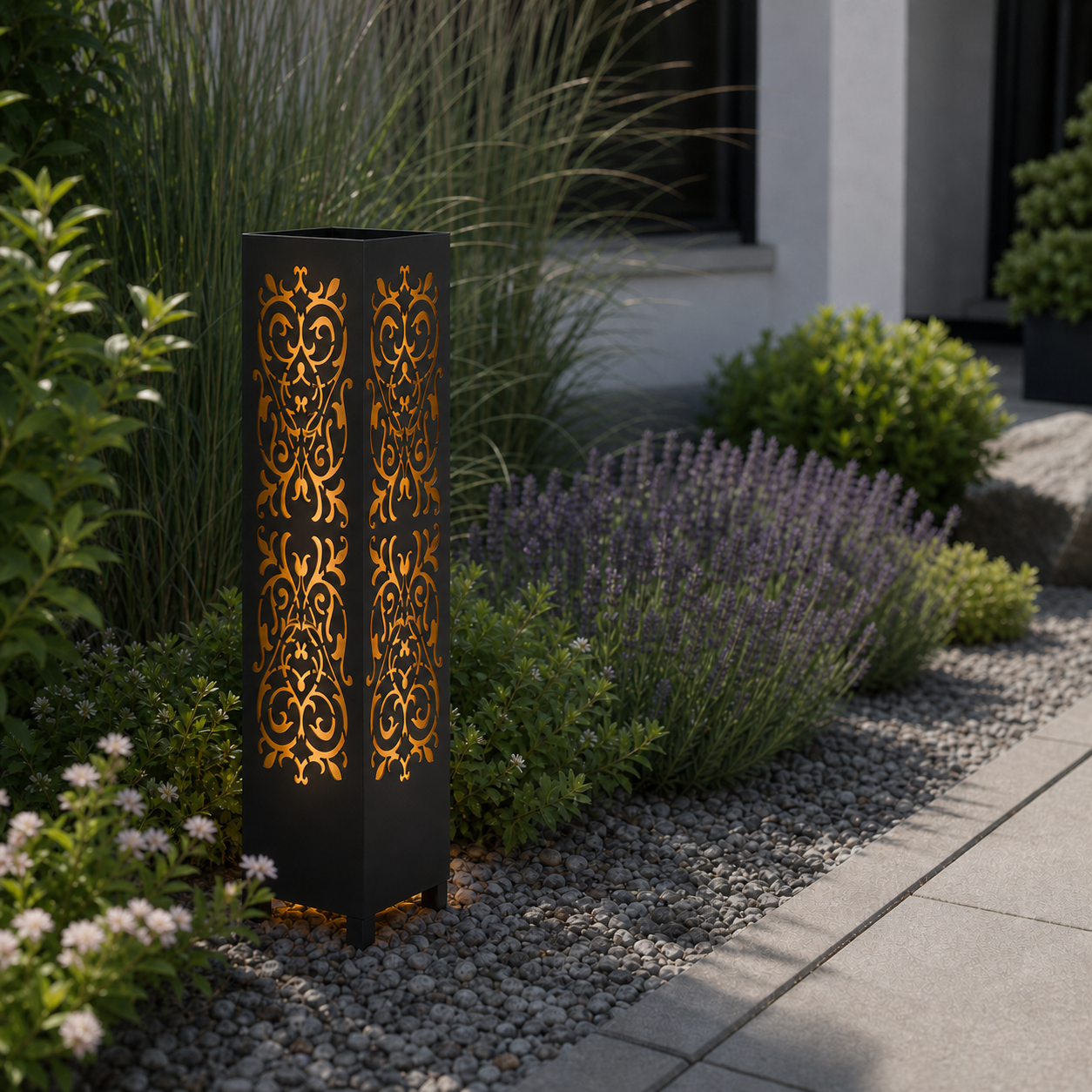 Design 147 laser cut garden light pillar installed in landscaped patio during daytime