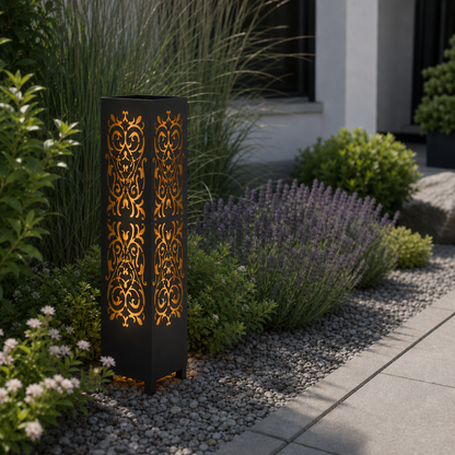 Design 147 laser cut garden light pillar installed in landscaped patio during daytime