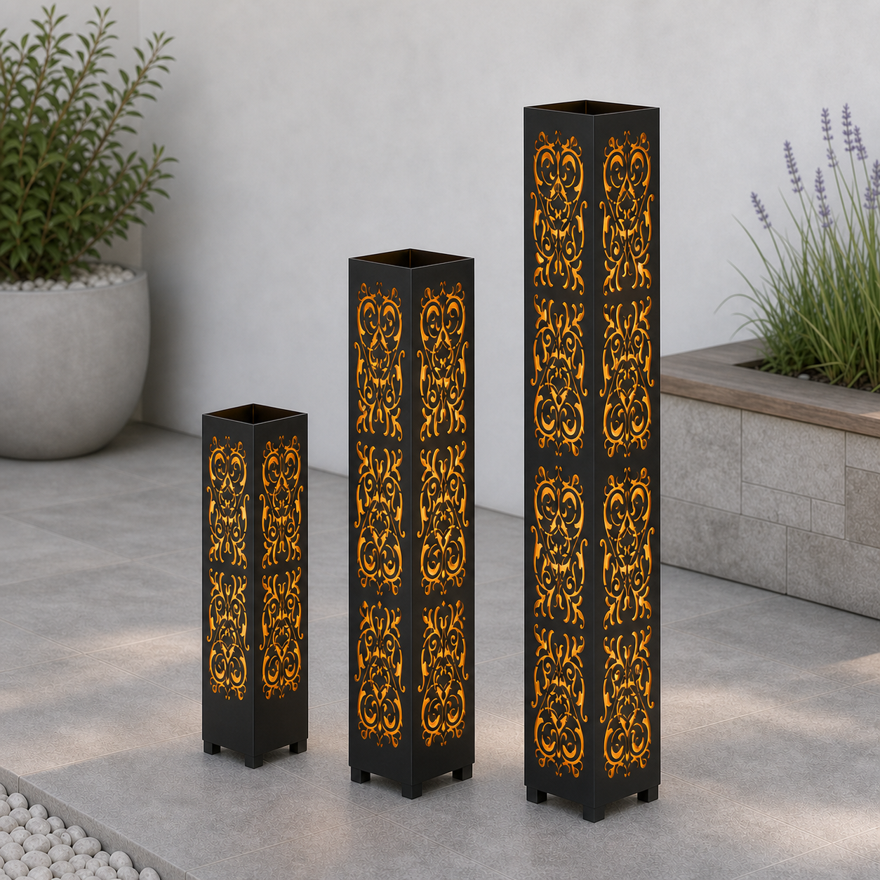Design 147 laser cut garden light tower three size comparison