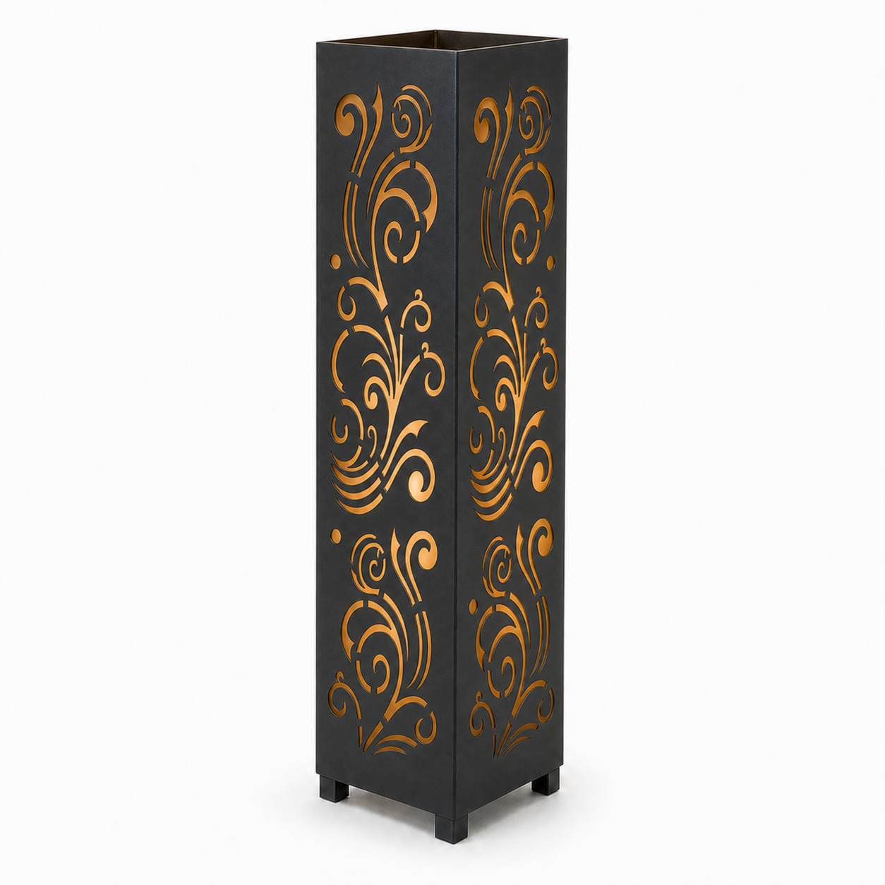 Design 148 black laser cut metal garden light tower with warm LED glow on white background