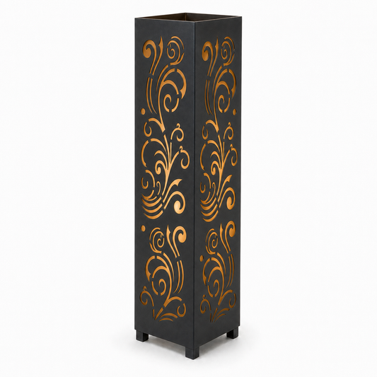 Design 148 black laser cut metal garden light tower with warm LED glow on white background