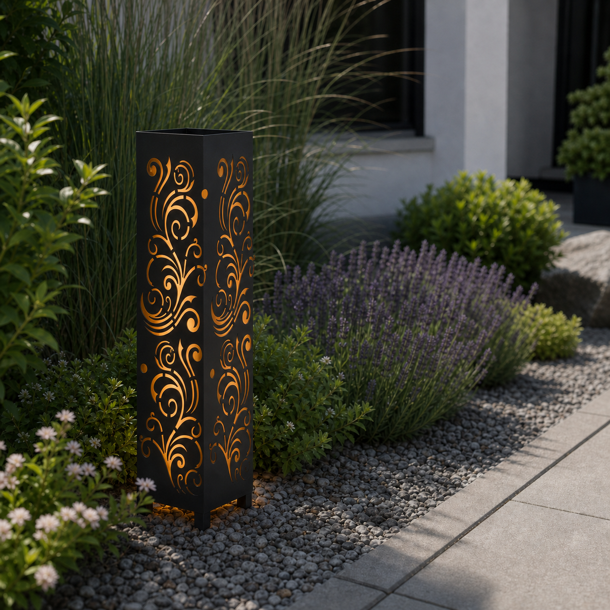 Design 148 laser cut garden light pillar installed in landscaped patio during daytime