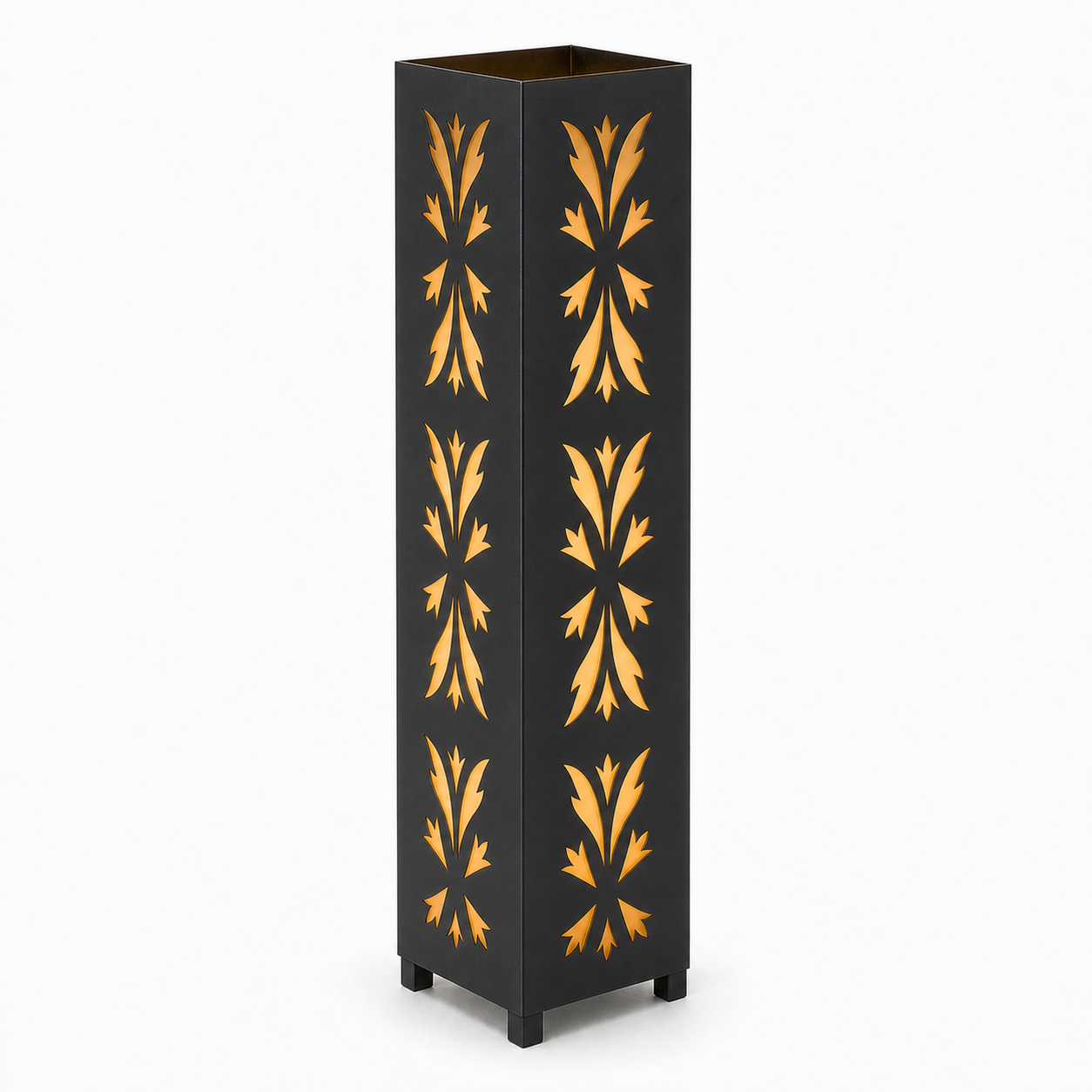 Design 149 black laser cut metal garden light tower with warm LED glow on white background