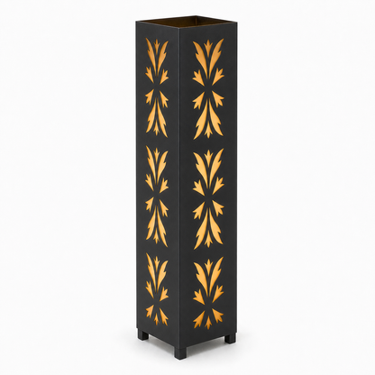 Design 149 black laser cut metal garden light tower with warm LED glow on white background
