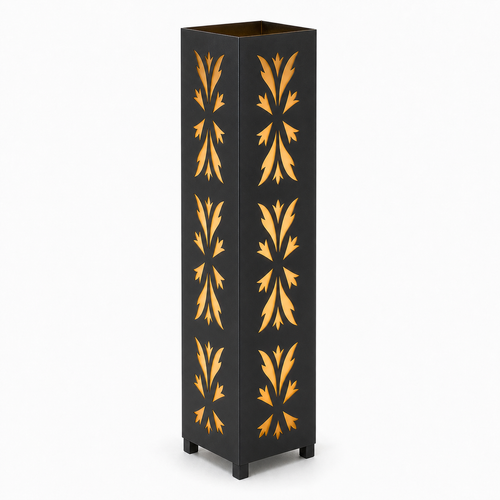 Design 149 black laser cut metal garden light tower with warm LED glow on white background