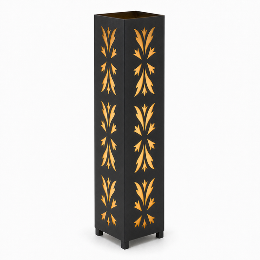 Design 149 black laser cut metal garden light tower with warm LED glow on white background