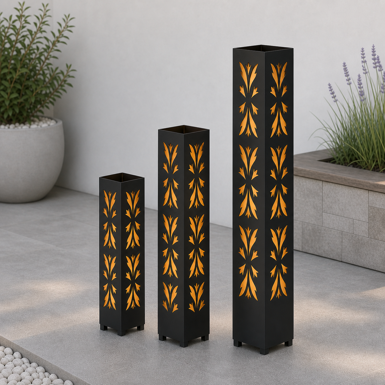 Design 149 laser cut garden light tower three size comparison