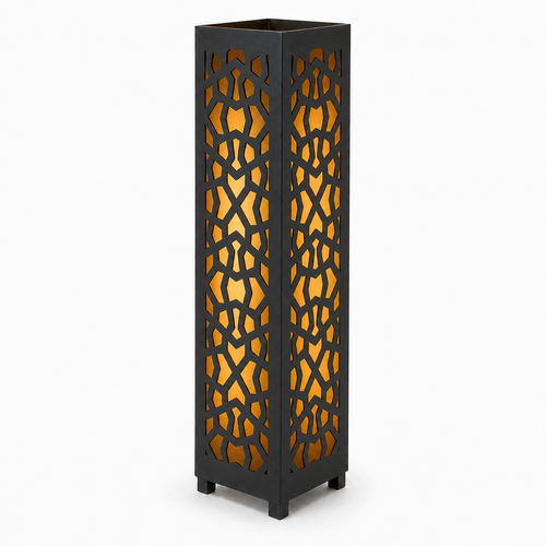 Design 150 black laser cut metal garden light tower with warm LED glow on white background