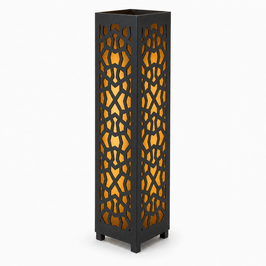 Design 150 black laser cut metal garden light tower with warm LED glow on white background
