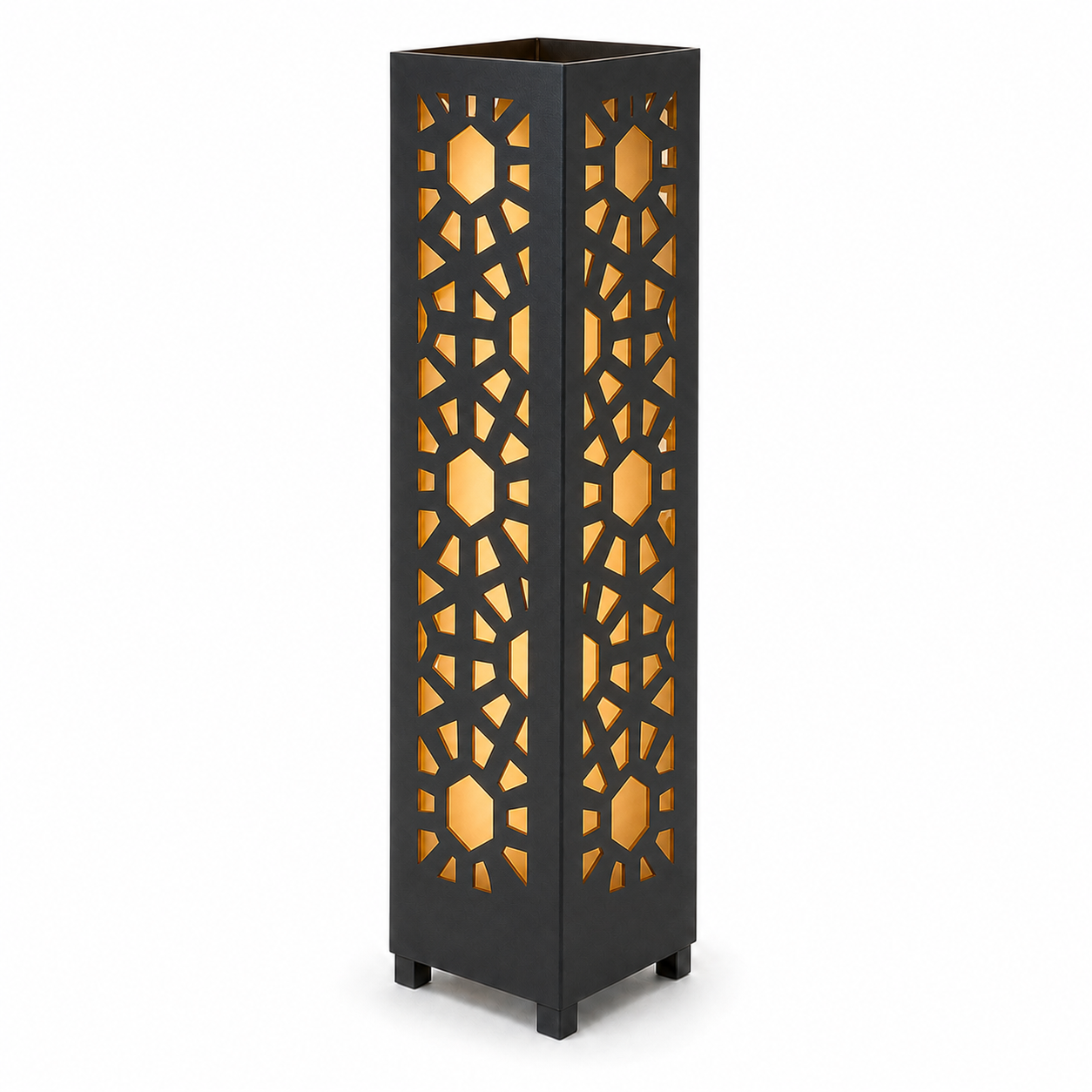 Design 151 black laser cut metal garden light tower with warm LED glow on white background