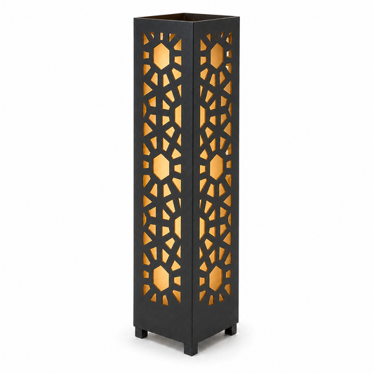 Design 151 black laser cut metal garden light tower with warm LED glow on white background