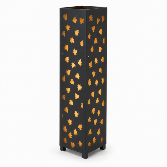 Design 152 black laser cut metal garden light tower with warm LED glow on white background