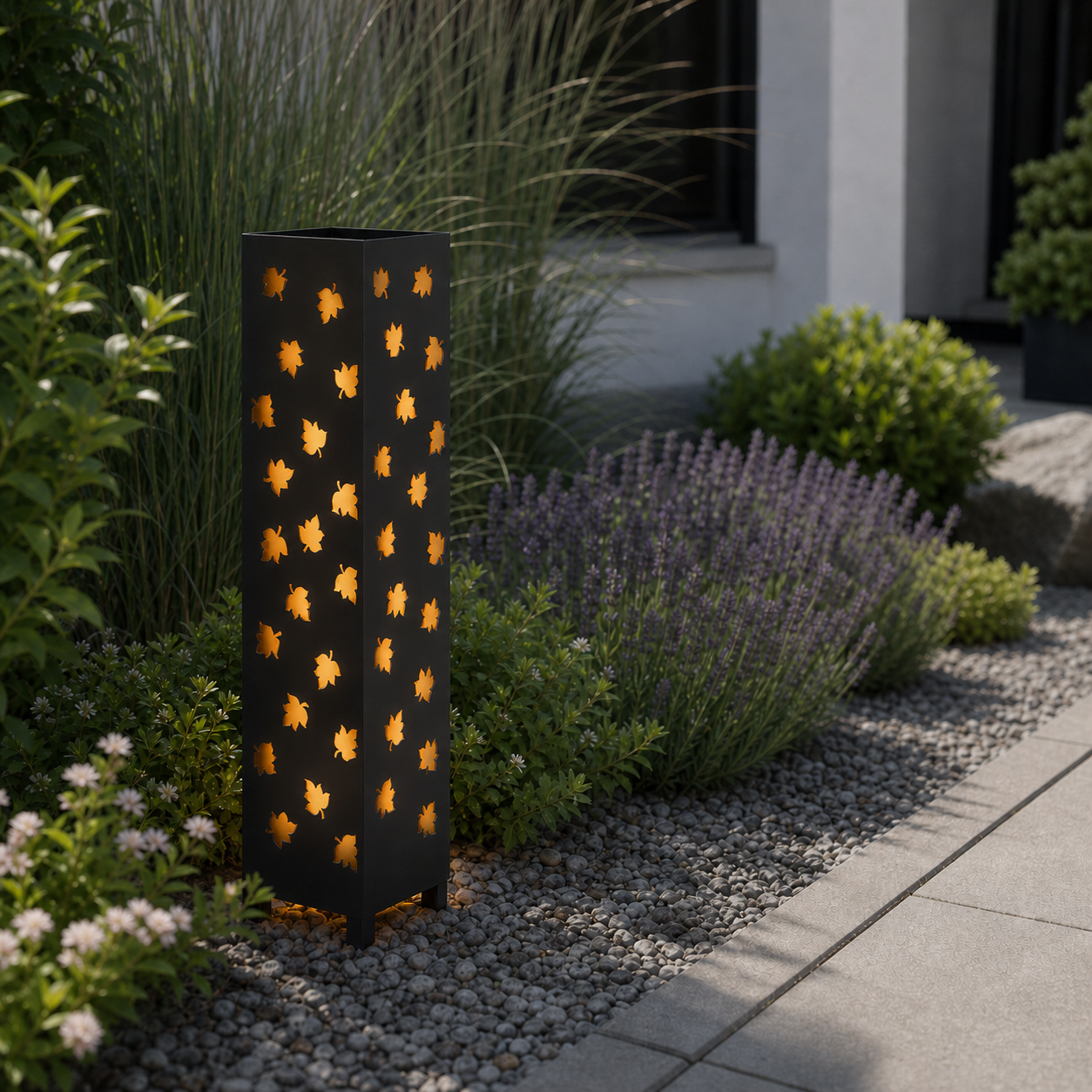 Design 152 laser cut garden light pillar installed in landscaped patio during daytime