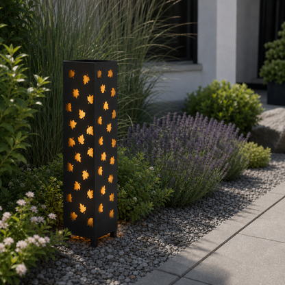 Design 152 laser cut garden light pillar installed in landscaped patio during daytime