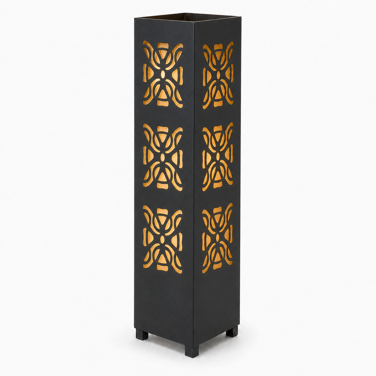 Design 153 black laser cut metal garden light tower with warm LED glow on white background