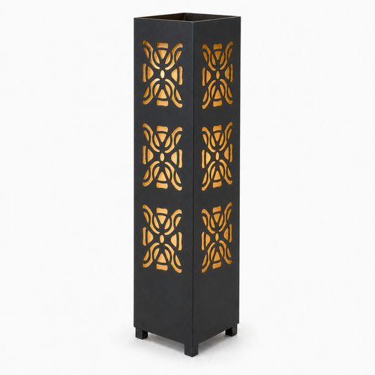Design 153 black laser cut metal garden light tower with warm LED glow on white background