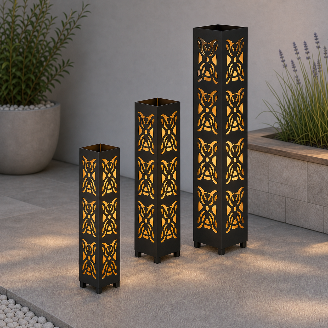 Design 153 laser cut garden light tower three size comparison