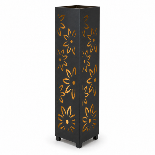 Design 154 black laser cut metal garden light tower with warm LED glow on white background