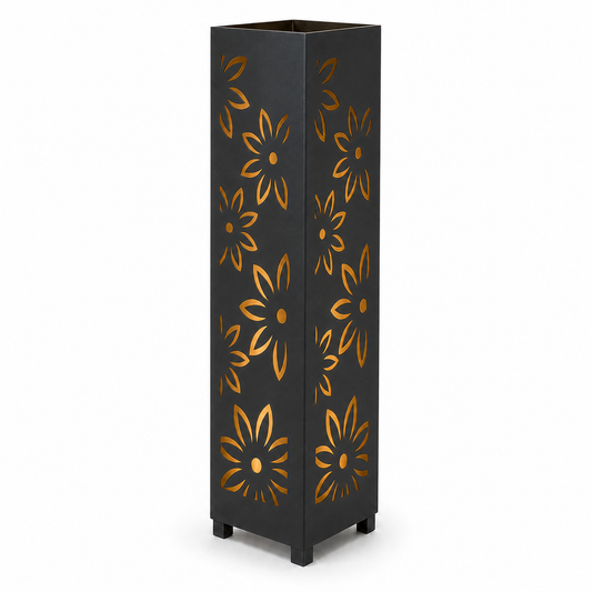 Design 154 black laser cut metal garden light tower with warm LED glow on white background