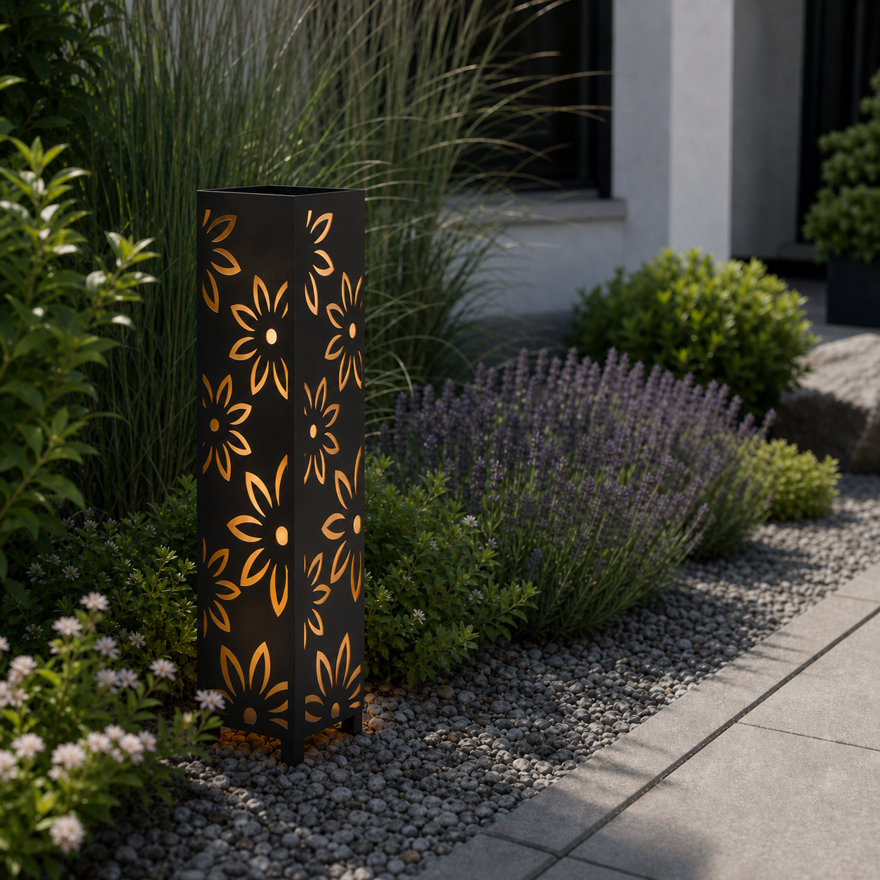 Design 154 laser cut garden light pillar installed in landscaped patio during daytime
