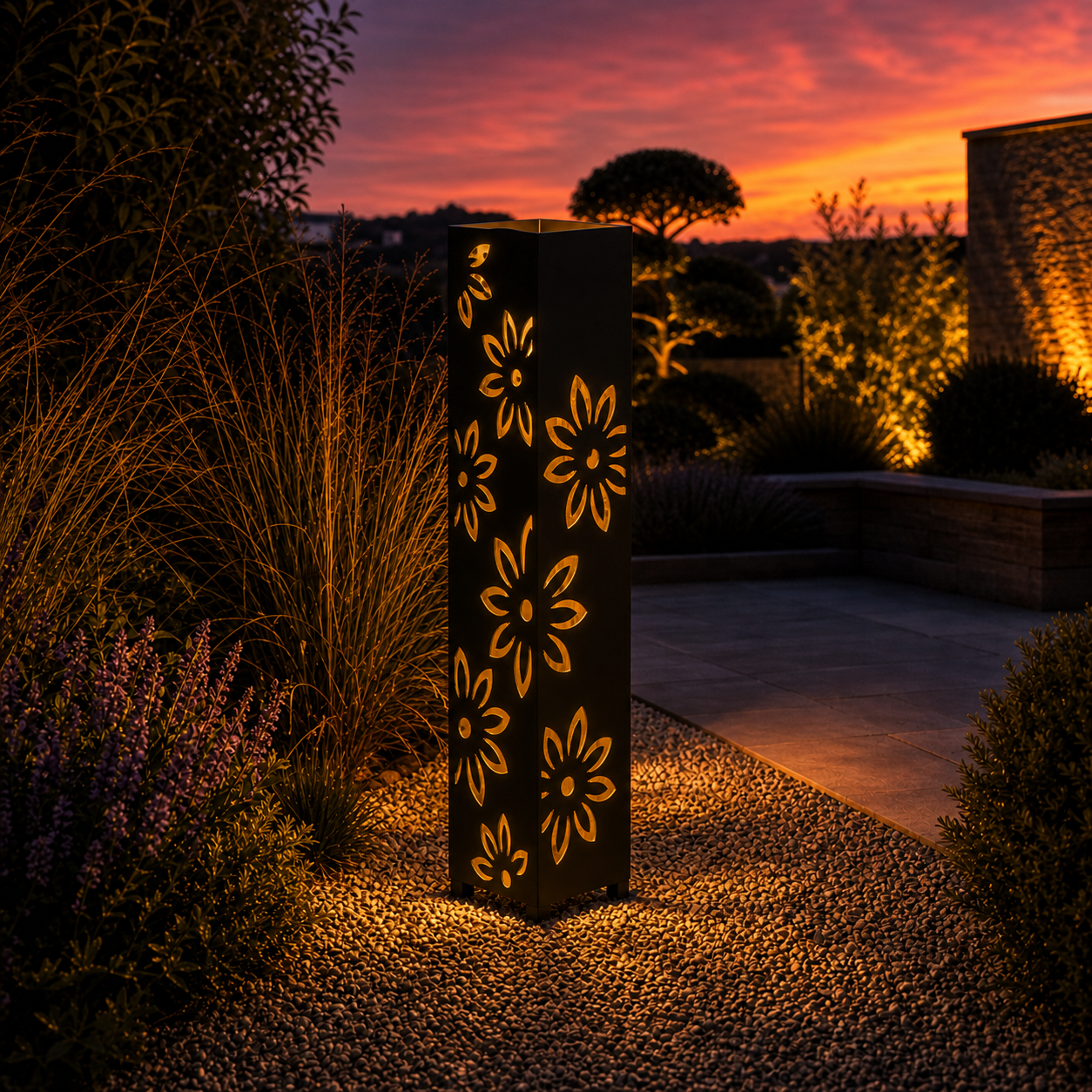 Design 154 outdoor decorative LED light column glowing at dusk in garden setting