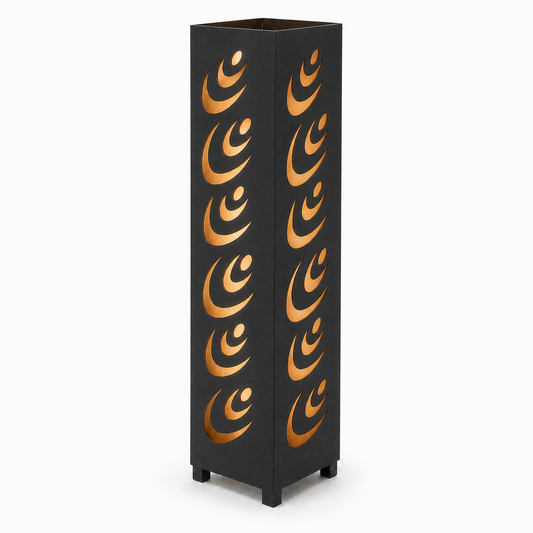 Design 155 black laser cut metal garden light tower with warm LED glow on white background