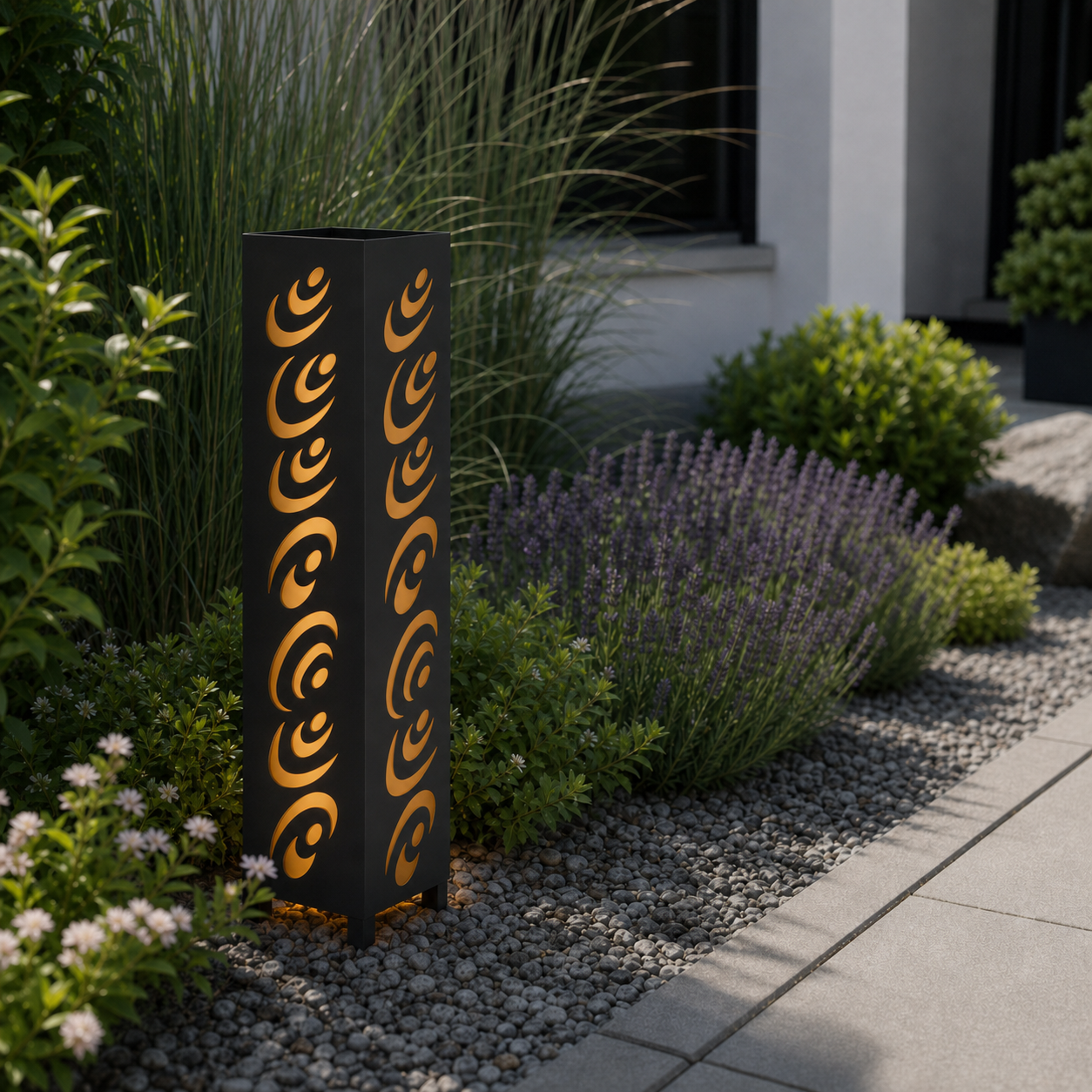 Design 155 laser cut garden light pillar installed in landscaped patio during daytime