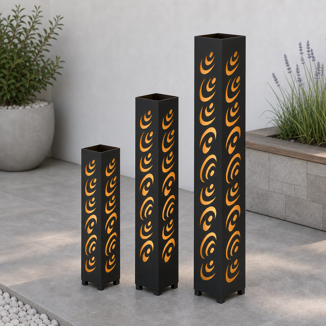 Design 155 laser cut garden light tower three size comparison