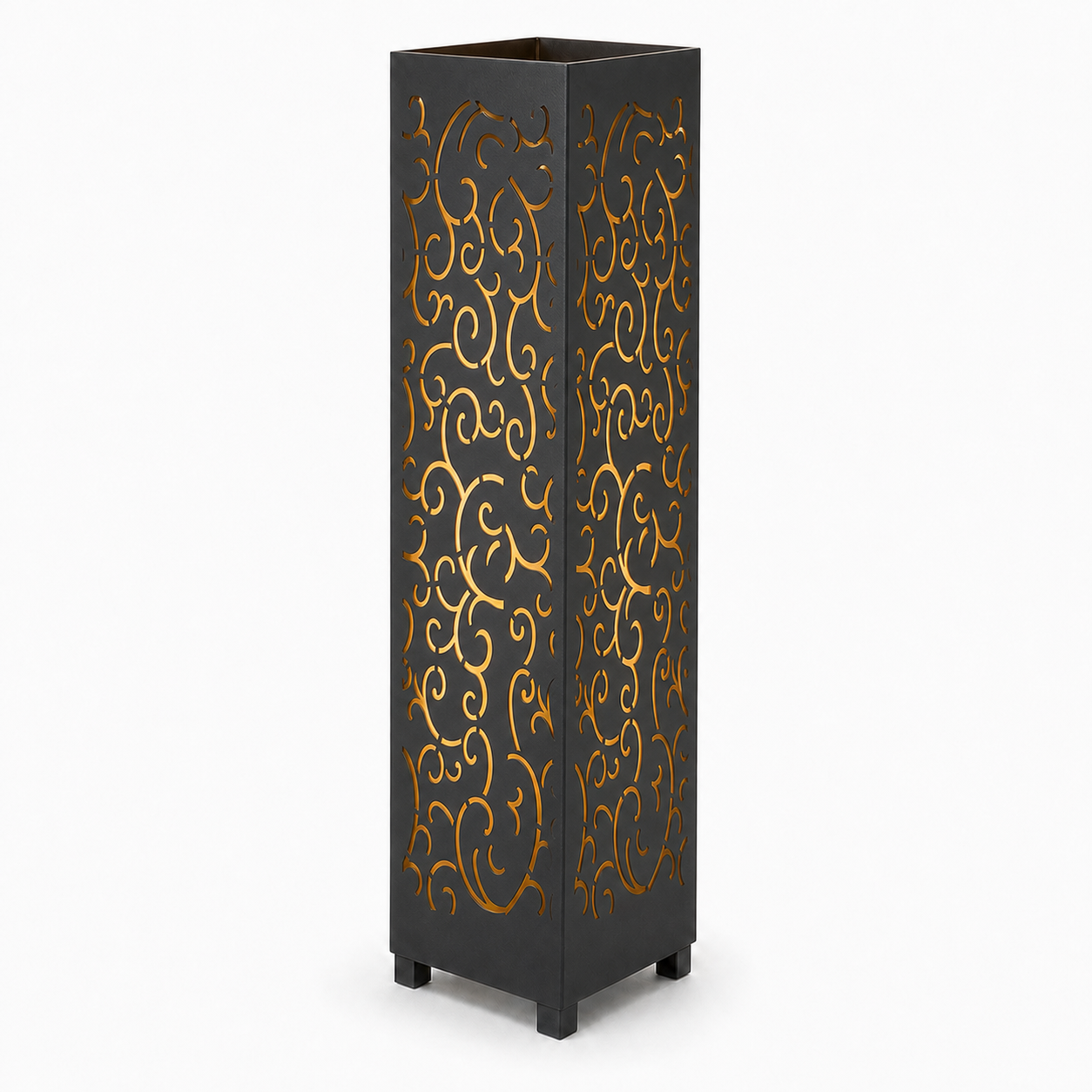 Design 156 black laser cut metal garden light tower with warm LED glow on white background