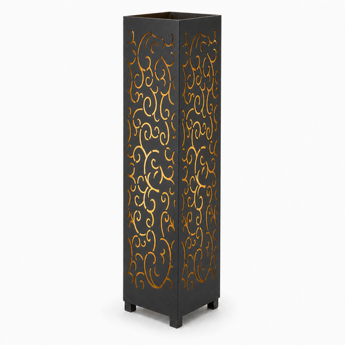 Design 156 black laser cut metal garden light tower with warm LED glow on white background