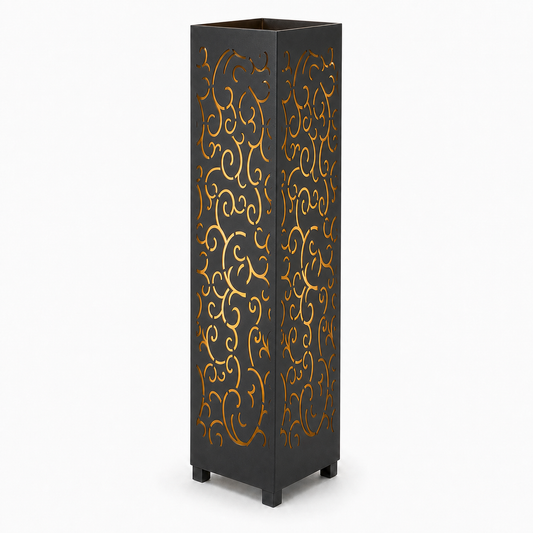 Design 156 black laser cut metal garden light tower with warm LED glow on white background
