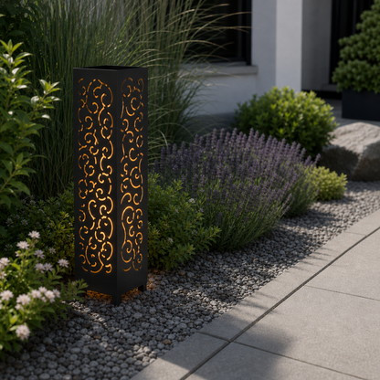 Design 156 laser cut garden light pillar installed in landscaped patio during daytime