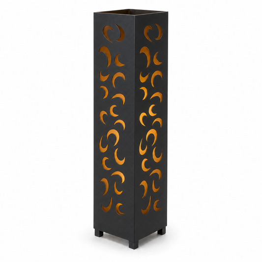 Design 157 black laser cut metal garden light tower with warm LED glow on white background