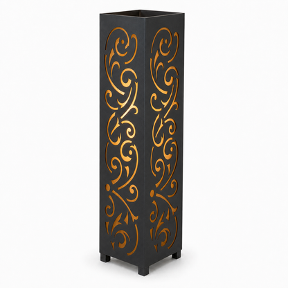 Design 158 black laser cut metal garden light tower with warm LED glow on white background