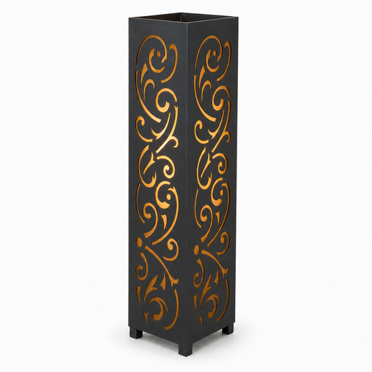Design 158 black laser cut metal garden light tower with warm LED glow on white background