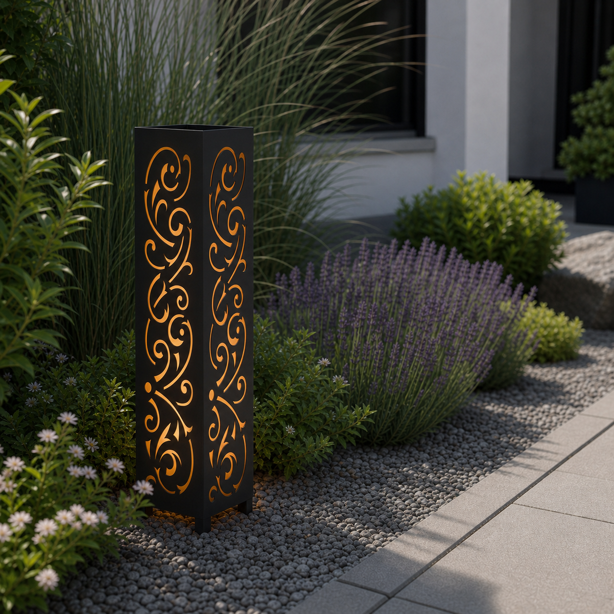 Design 158 laser cut garden light pillar installed in landscaped patio during daytime