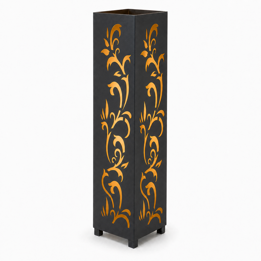 Design 159 black laser cut metal garden light tower with warm LED glow on white background