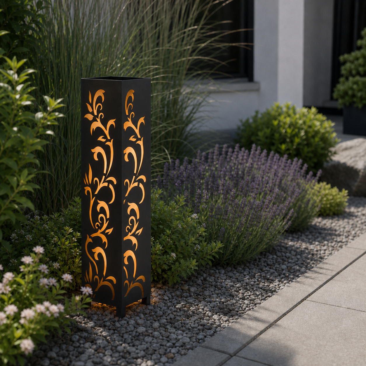 Design 159 laser cut garden light pillar installed in landscaped patio during daytime