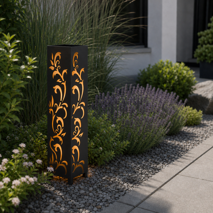 Design 159 laser cut garden light pillar installed in landscaped patio during daytime