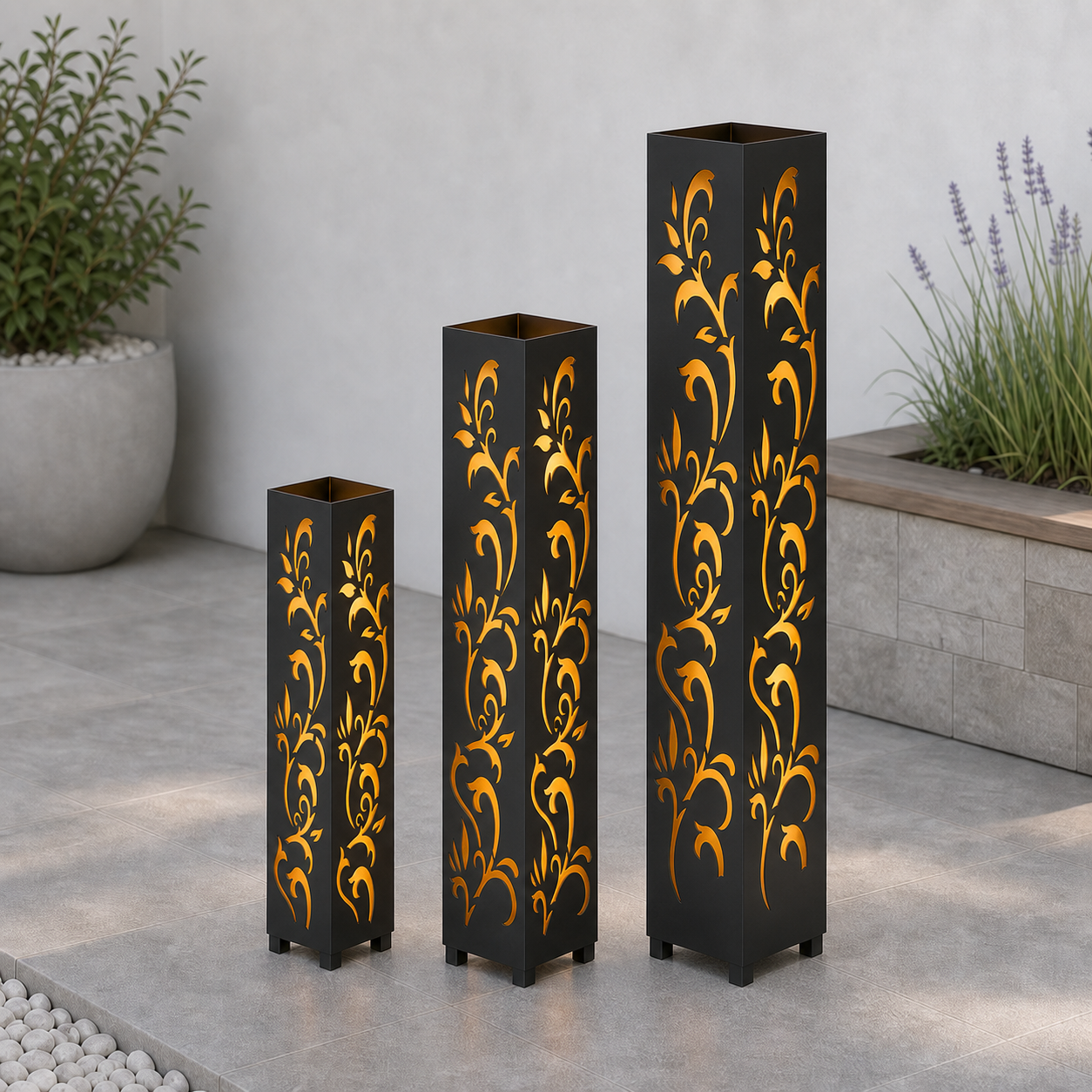 Design 159 laser cut garden light tower three size comparison