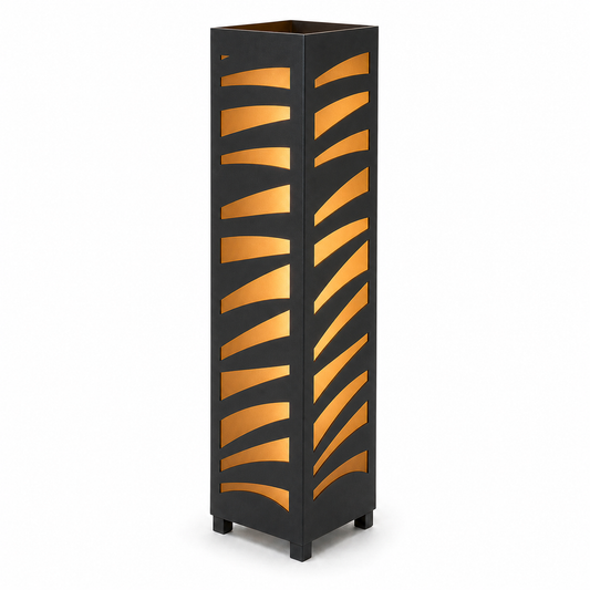 Design 160 black laser cut metal garden light tower with warm LED glow on white background