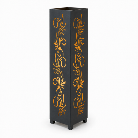 Design 161 black laser cut metal garden light tower with warm LED glow on white background