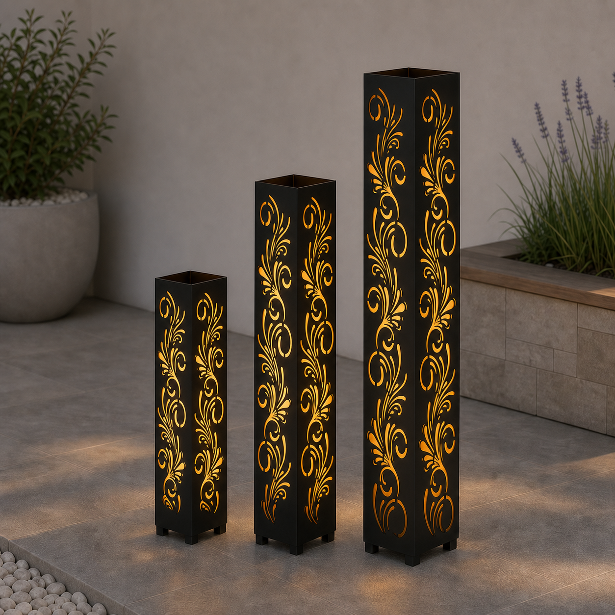 Design 161 laser cut garden light tower three size comparison